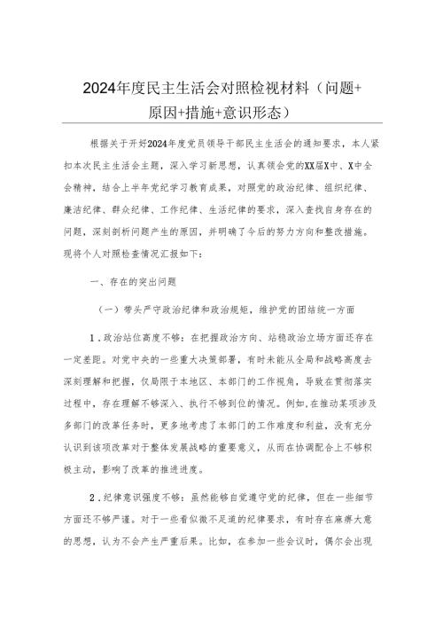 2024年度民主生活会对照检视材料 （问题+原因+措施+意识形态）.docx