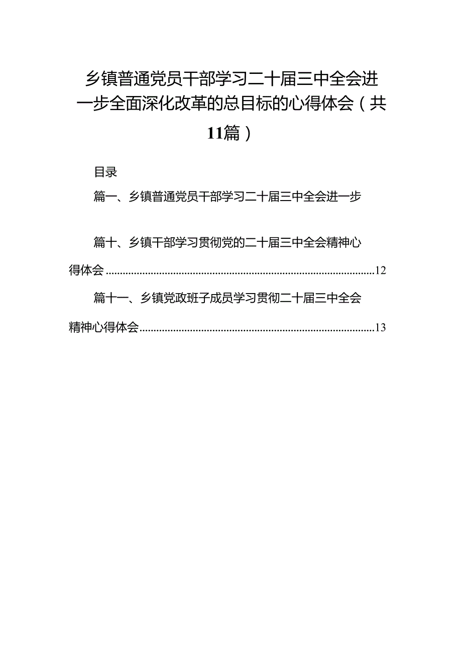 （11篇）乡镇普通党员干部学习二十三中全会进一步全面深化改革的总目标的心得体会（详细版）.docx_第1页