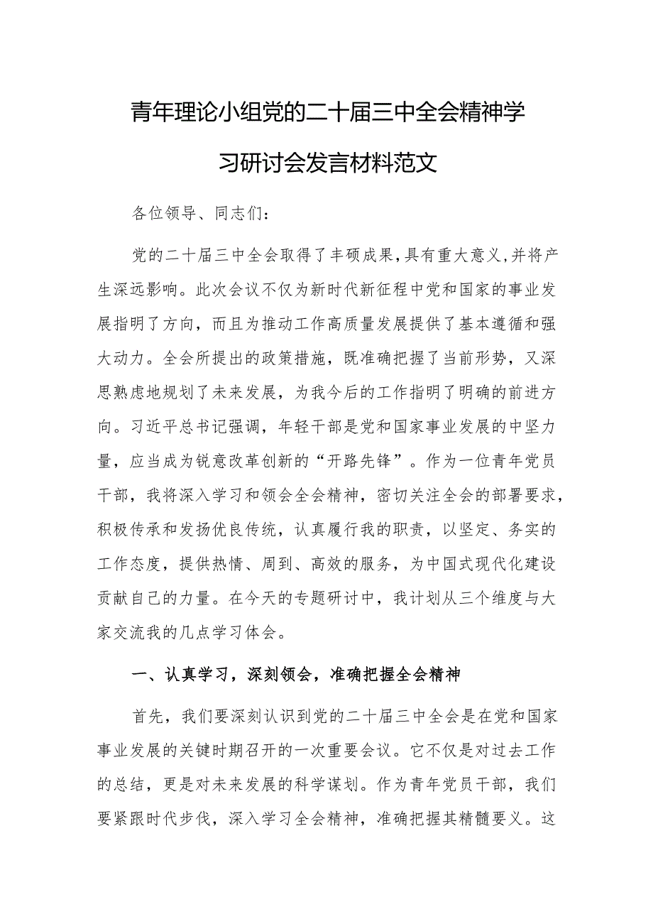 青年理论小组党的二十三中全会精神学习研讨会发言材料范文.docx_第1页