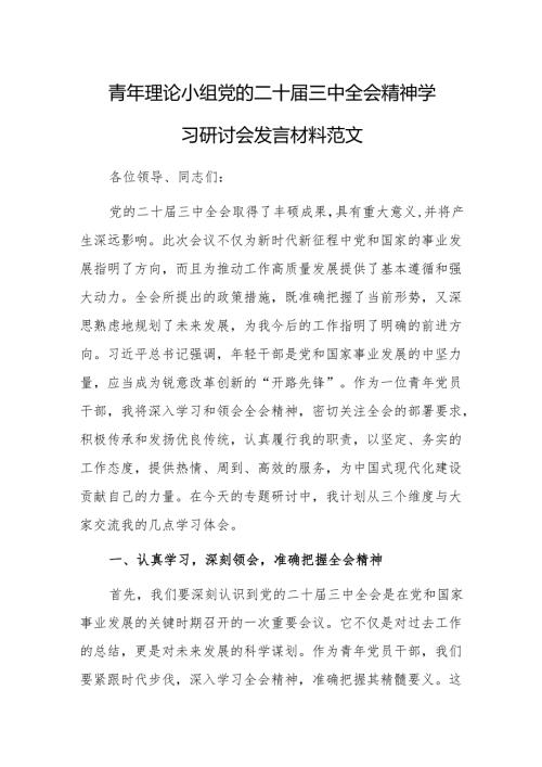 青年理论小组党的二十三中全会精神学习研讨会发言材料范文.docx