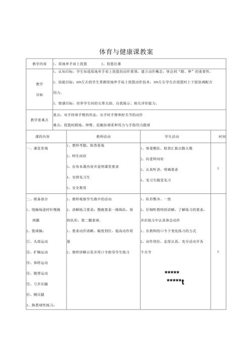 体育与健康人教六年级全一册原地单手肩上投篮教案.docx