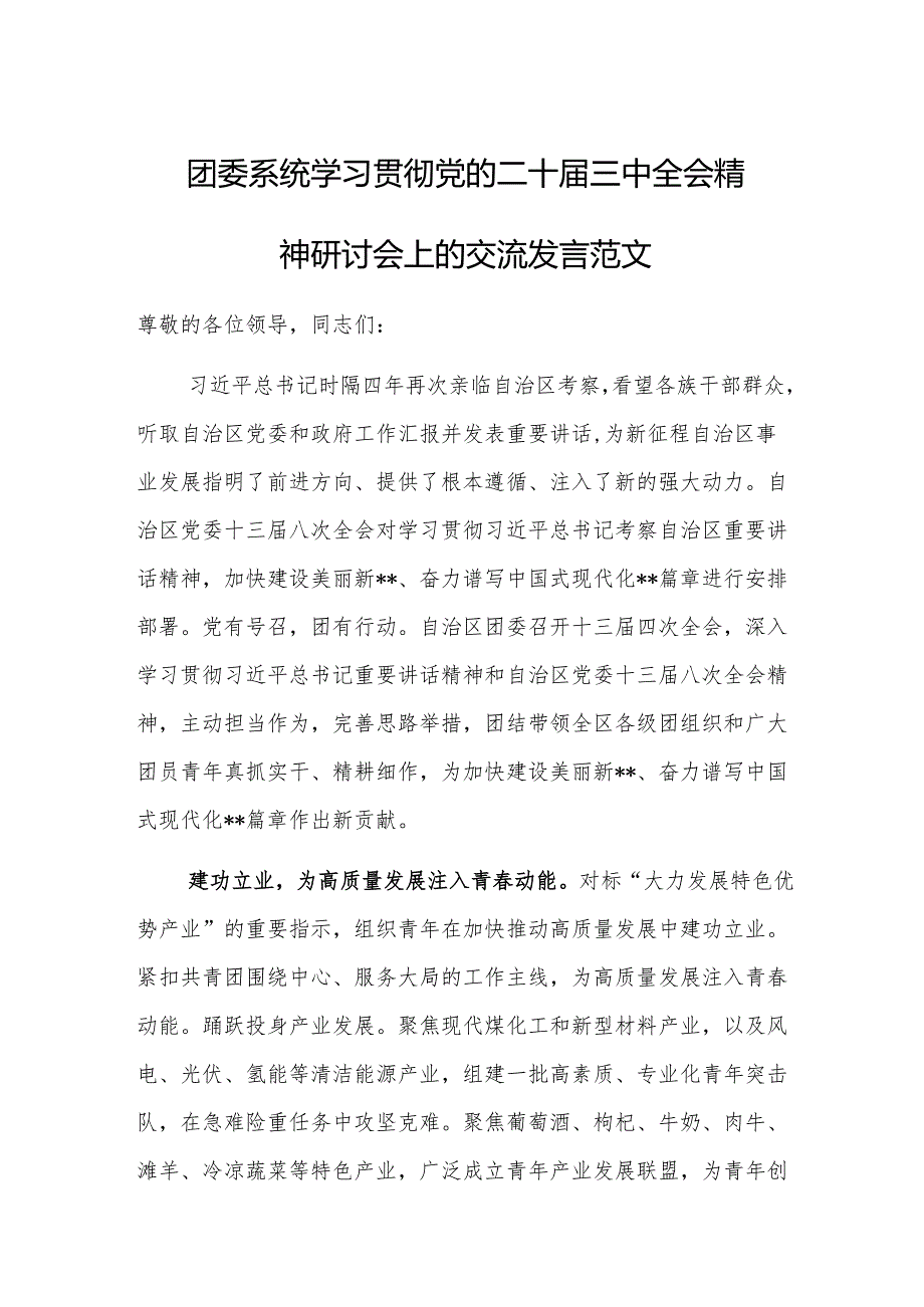 团委系统学习贯彻党的二十三中全会精神研讨会上的交流发言范文.docx_第1页