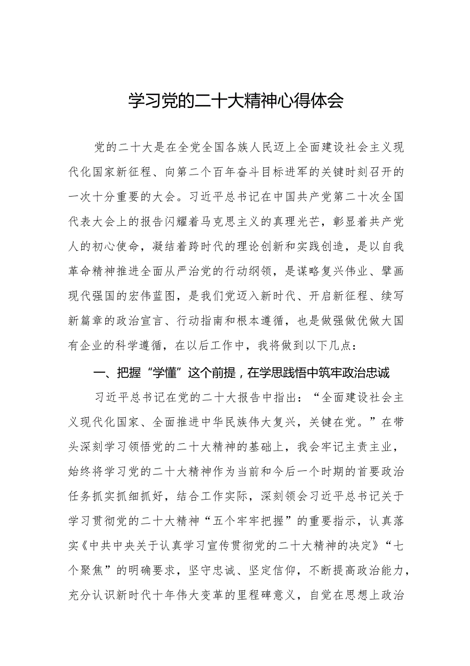 学习二十大会议精神心得体会范文精选(1).docx_第1页