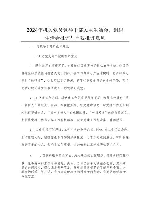 2024年机关党员领导干部民主生活会、组织生活会批评与自我批评意见.docx