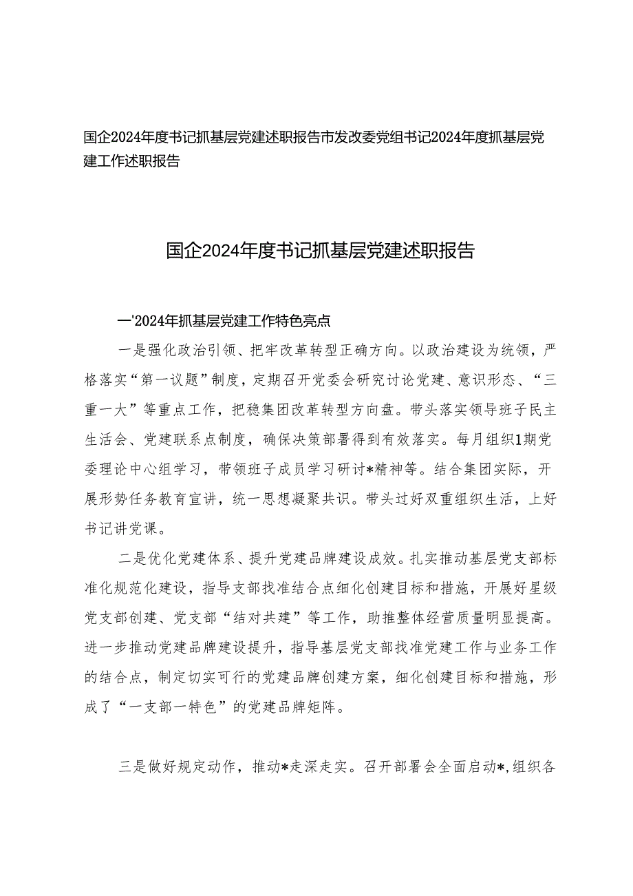 国企、市发改委党组书记2024书记抓基层党建述职报告.docx_第1页