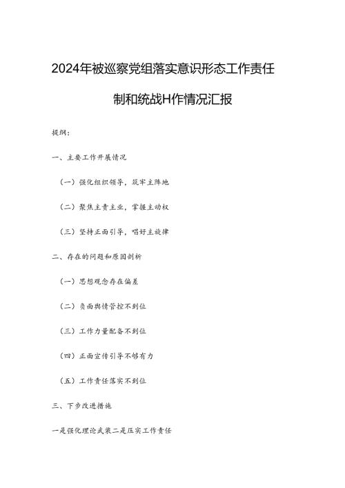 2024年被巡察党组落实意识形态工作责任制和统战工作情况汇报.docx