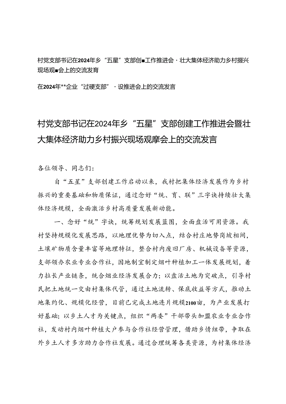 村党支部书记在2024年乡“五星”支部创建工作推进会上的交流发言+“过硬支部”建设推进会上的交流发言.docx_第1页