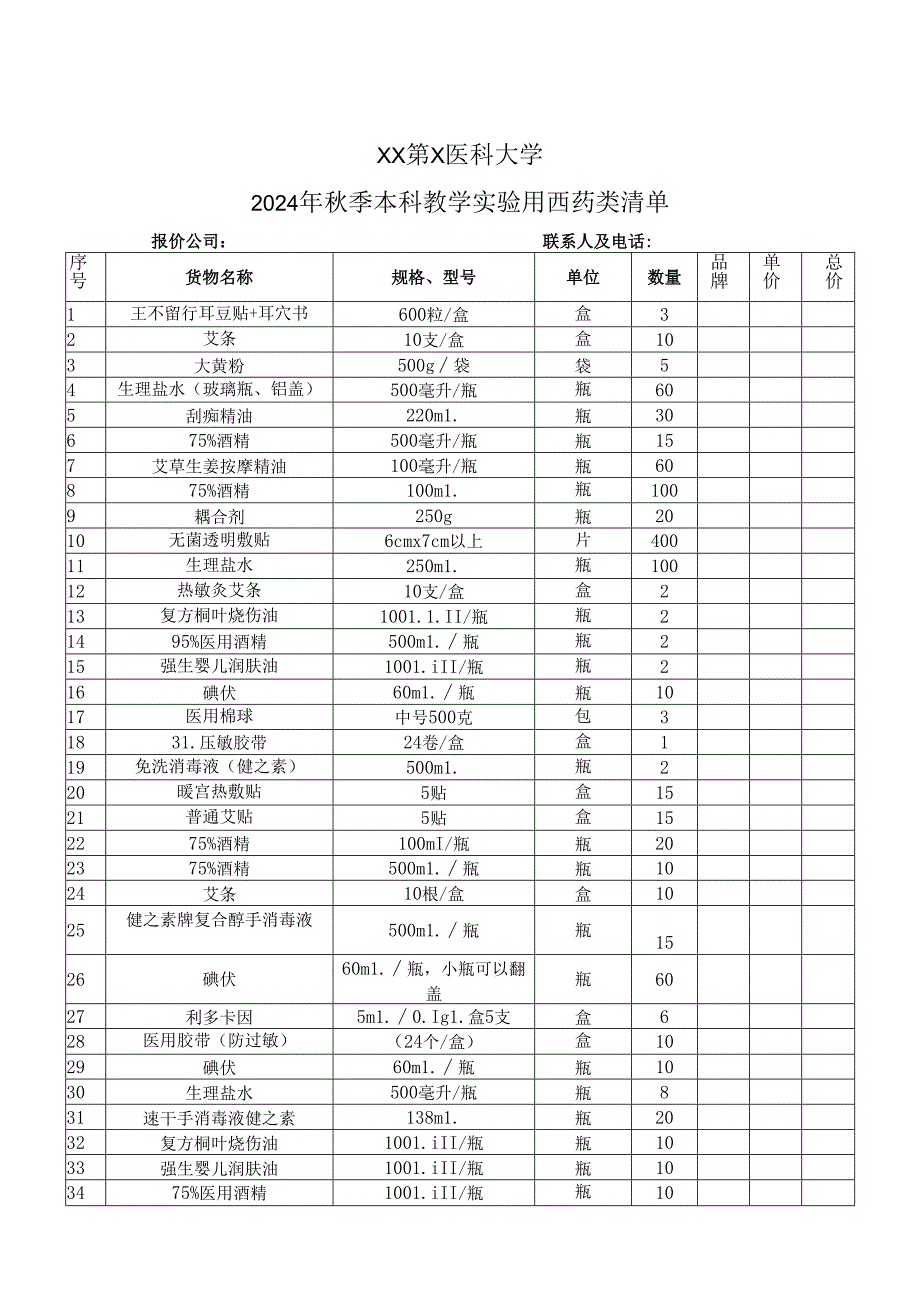 XX第X医科大学2024年季本科教学实验用西药类清单（2024年）.docx_第1页