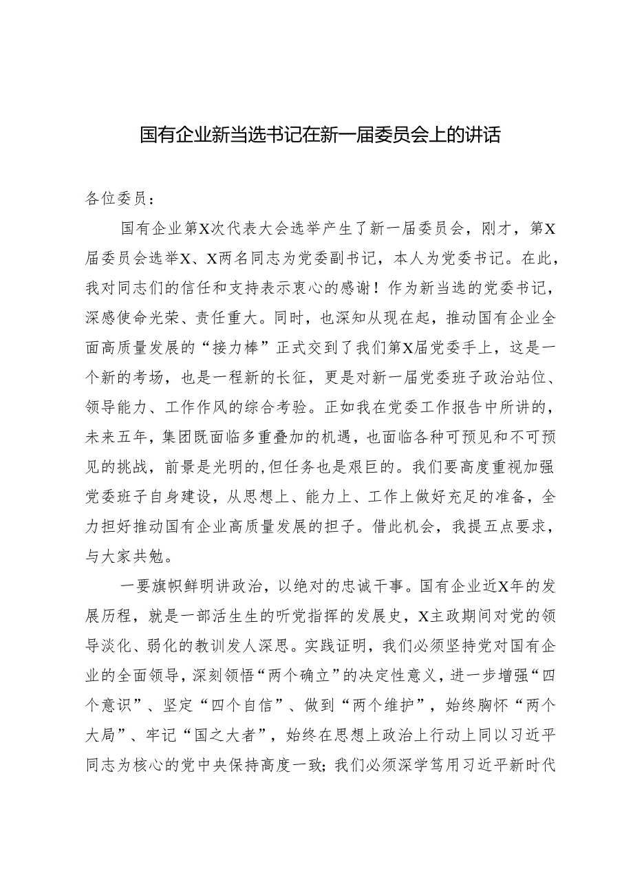 2024年国有企业新当选书记在新一委员会上的讲话.docx_第1页