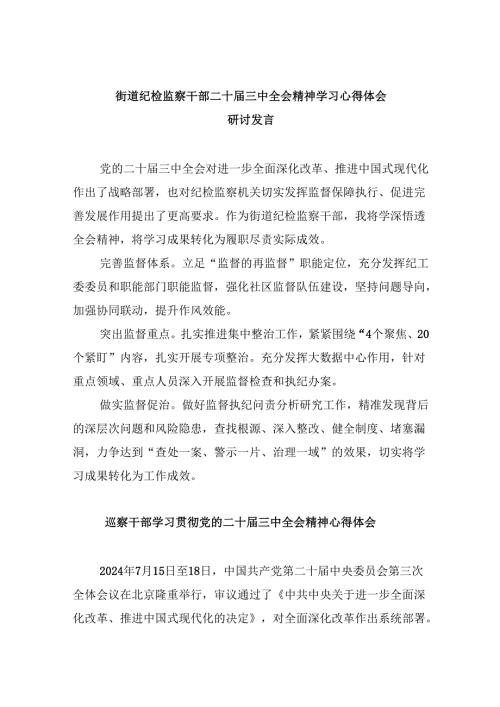 街道纪检监察干部二十三中全会精神学习心得体会研讨发言（共五篇）.docx