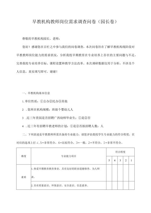 早教机构教师岗位需求调查问卷（园长卷）.docx