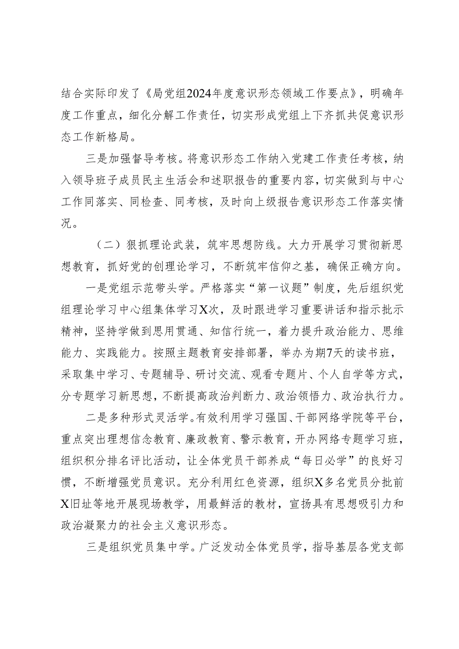 局党组关于2024年意识形态工作情况的报告+在党组理论学习中心组集中学习意识形态工作专题会上的讲话提纲.docx_第2页