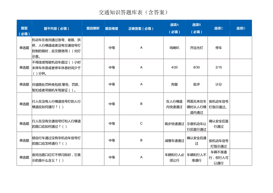 交通知识答题库表(含答案).docx_第1页