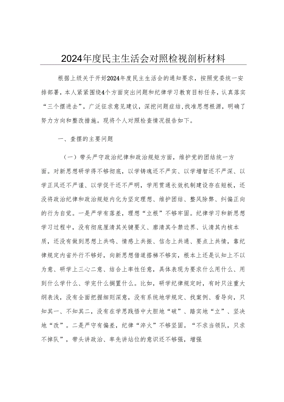 2024年度民主生活会对照检视剖析材料.docx_第1页