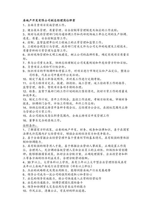 房地产开发有限公司副总经理岗位职责(1).docx