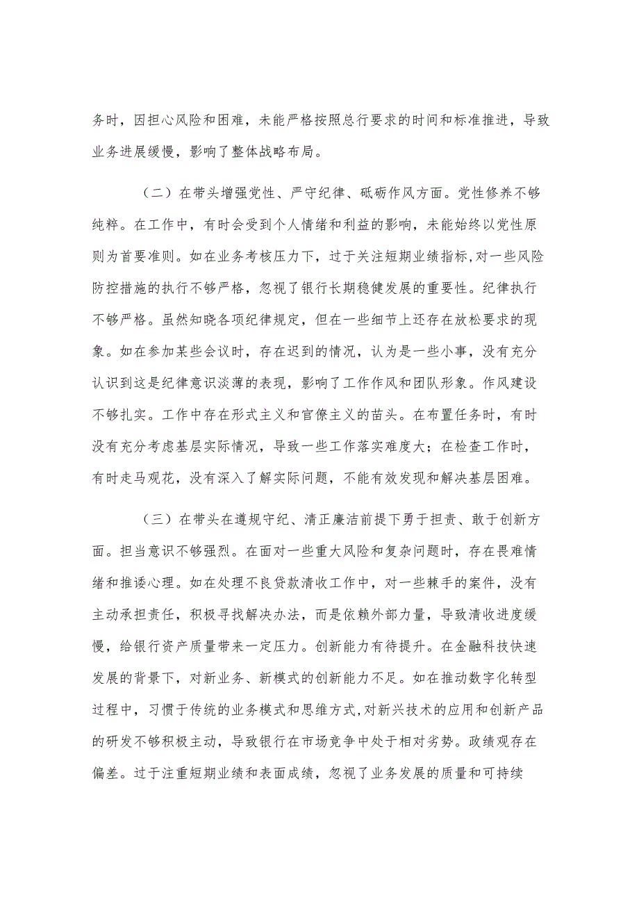 2024年度民主生活会个人对照检视发言材料（银行党委委员、副行长）.docx_第2页