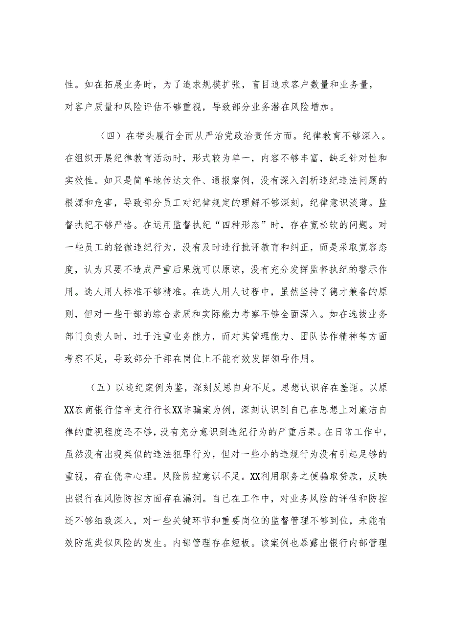 2024年度民主生活会个人对照检视发言材料（银行党委委员、副行长）.docx_第3页
