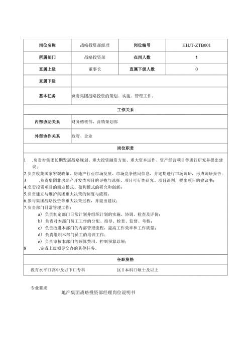 地产集团战略投资部经理岗位说明书.docx