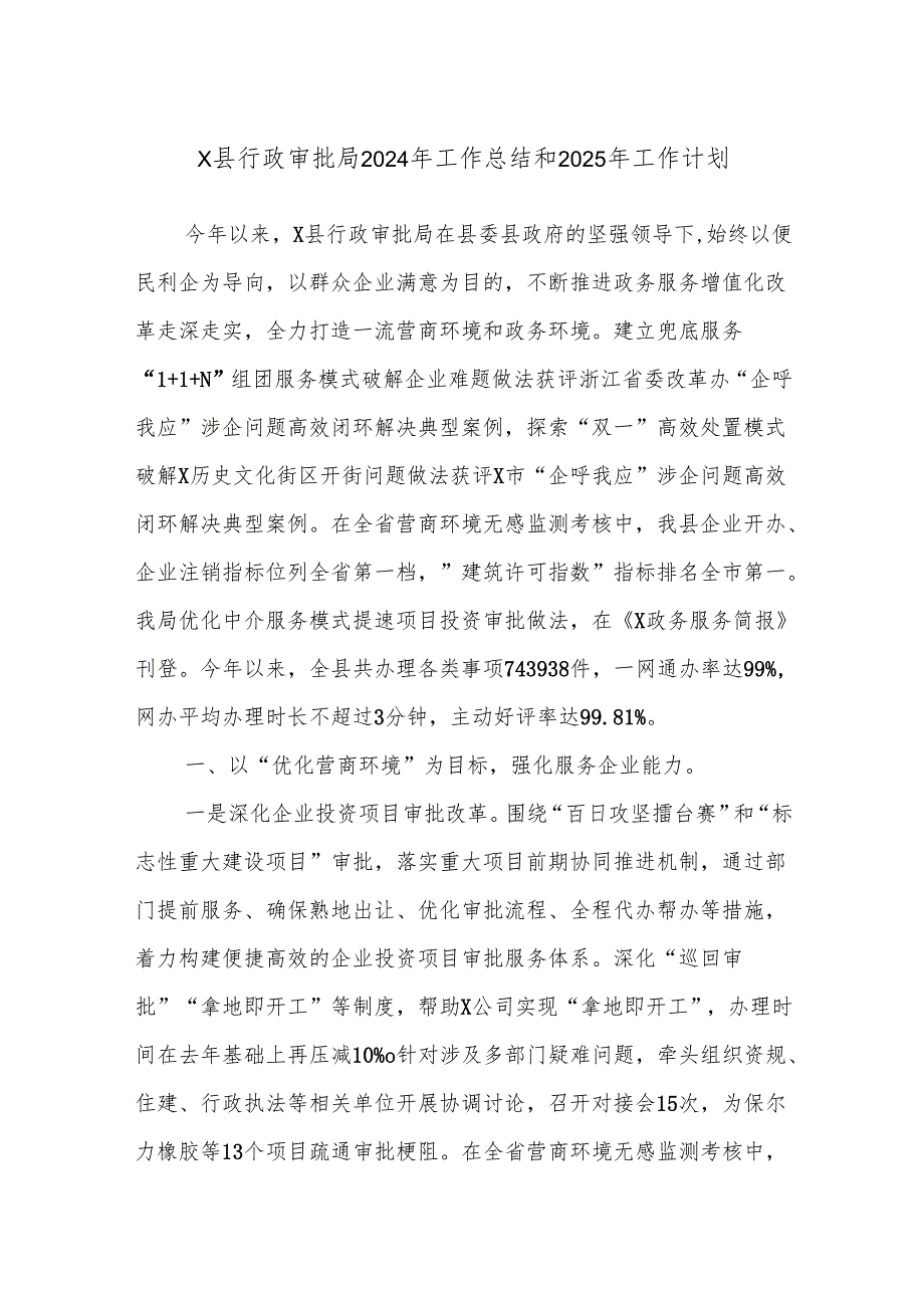 X县行政审批局2024年工作总结和2025年工作计划.docx_第1页