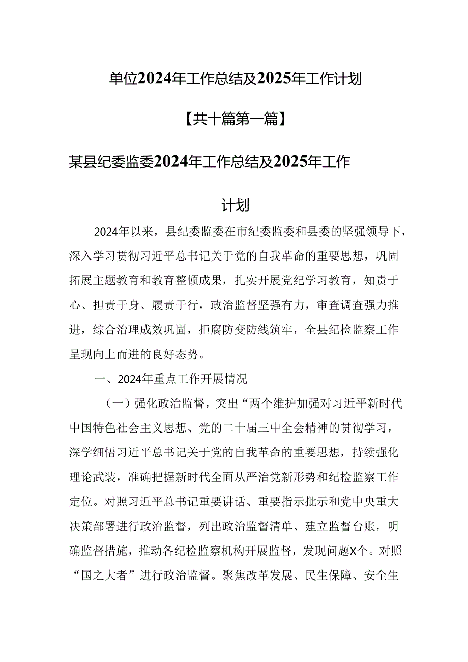 （10篇）单位2024年工作总结及2025年工作计划.docx_第1页