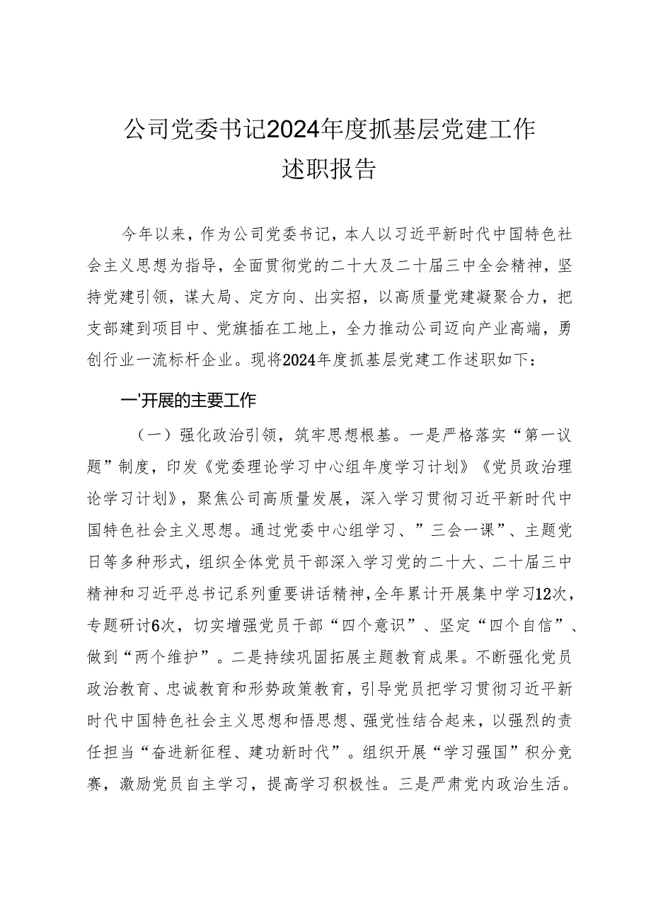 公司党委书记2024抓基层党建工作述职报告(1).docx_第1页