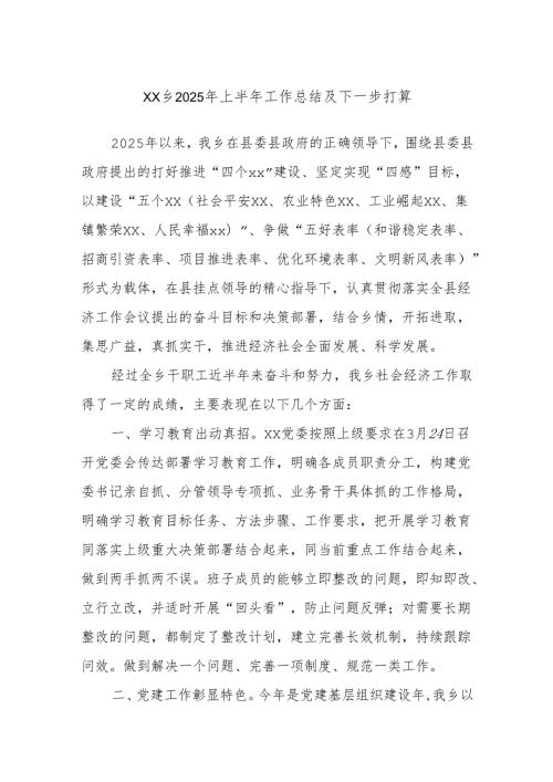 xx乡2025年上半年工作总结及下一步打算.docx