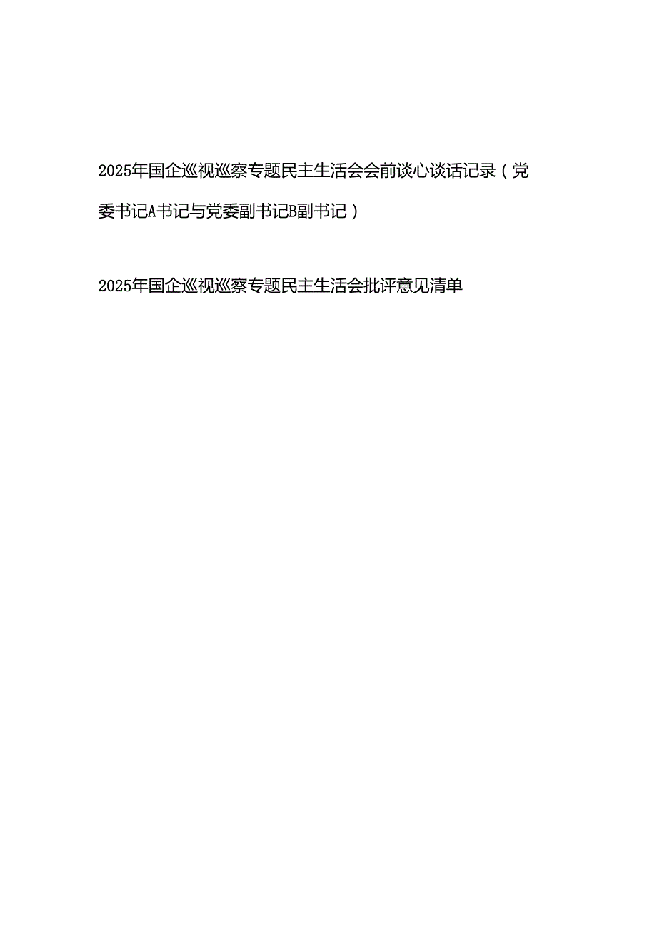 2025年国企巡视巡察专题民主生活会会前谈心谈话记录（党委书记A书记与党委副书记B副书记）和国企巡视巡察专题民主生活会批评意见清单.docx_第1页