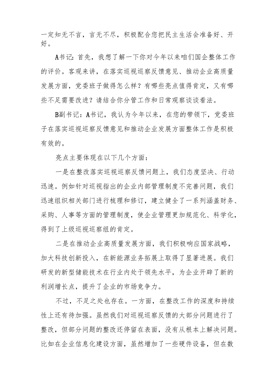 2025年国企巡视巡察专题民主生活会会前谈心谈话记录（党委书记A书记与党委副书记B副书记）和国企巡视巡察专题民主生活会批评意见清单.docx_第3页