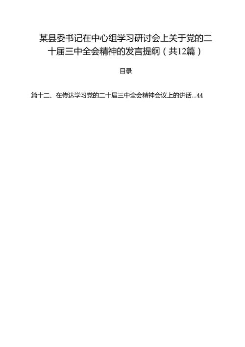 某县委书记在中心组学习研讨会上关于党的二十三中全会精神的发言提纲（共12篇）.docx