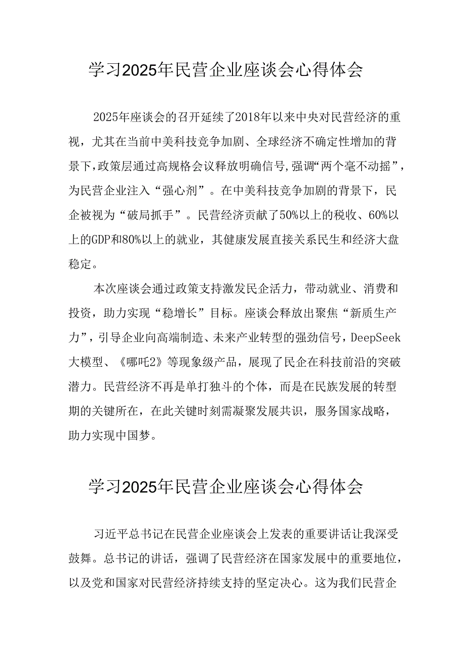 2025年私营企业学习《民营企业座谈会》个人心得感悟 （汇编11份）.docx_第1页