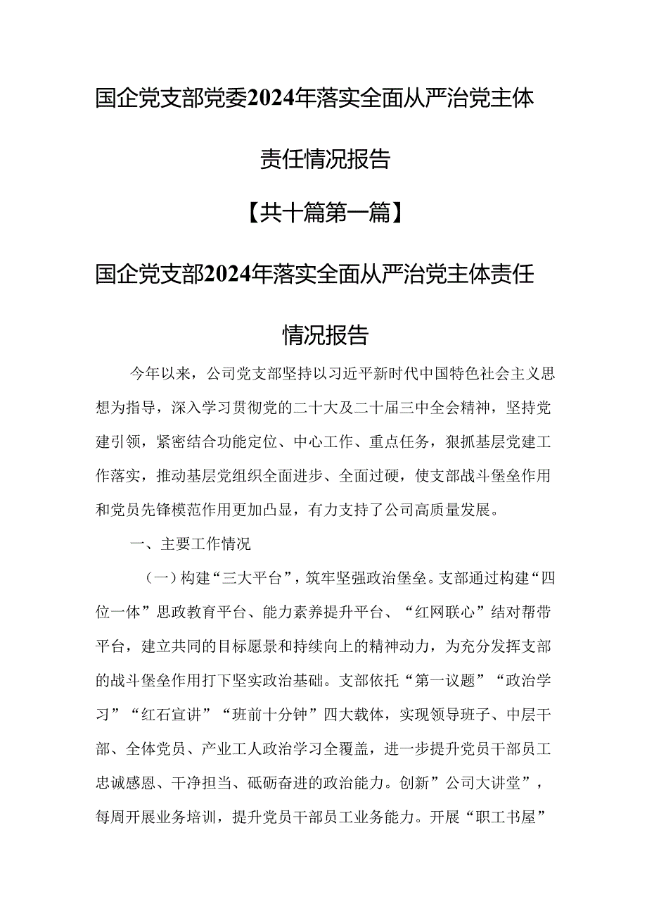 （10篇）国企党支部党委2024年落实全面从严治党主体责任情况报告.docx_第1页
