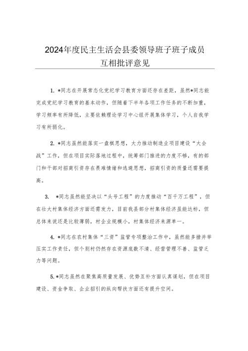 2024年度民主生活会县委领导班子班子成员互相批评意见.docx