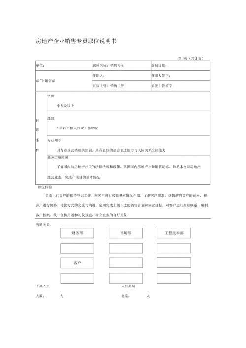房地产企业销售专员职位说明书.docx