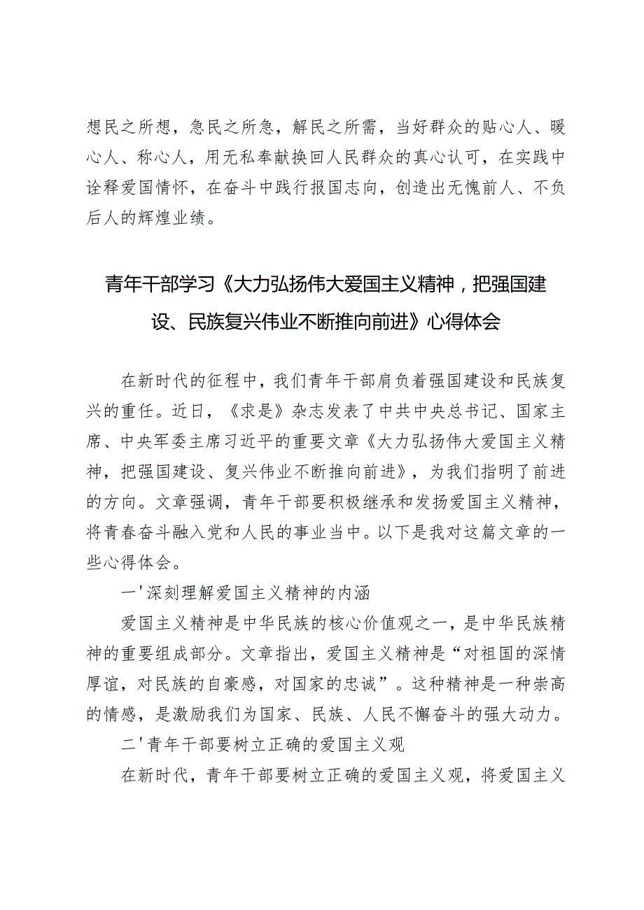 5篇 2024年青年干部学习《大力弘扬伟大爱国主义精神把强国建设、民族复兴伟业不断推向前进》心得体会.docx_第3页