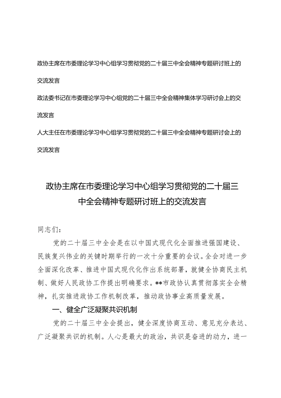 政法委主席、书记、人大主任在市委理论学习中心组党的二十三中全会精神集体学习研讨会上的交流发言.docx_第1页