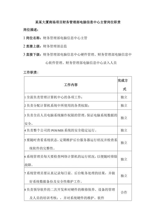 某某大厦商场项目财务管理部电脑信息中心主管岗位职责.docx