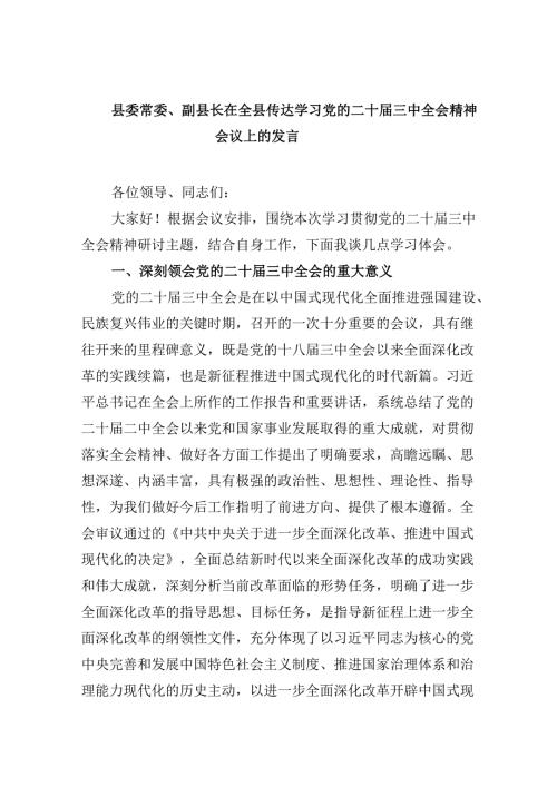 （11篇）县委常委、副县长在全县传达学习党的二十三中全会精神会议上的发言（详细版）.docx