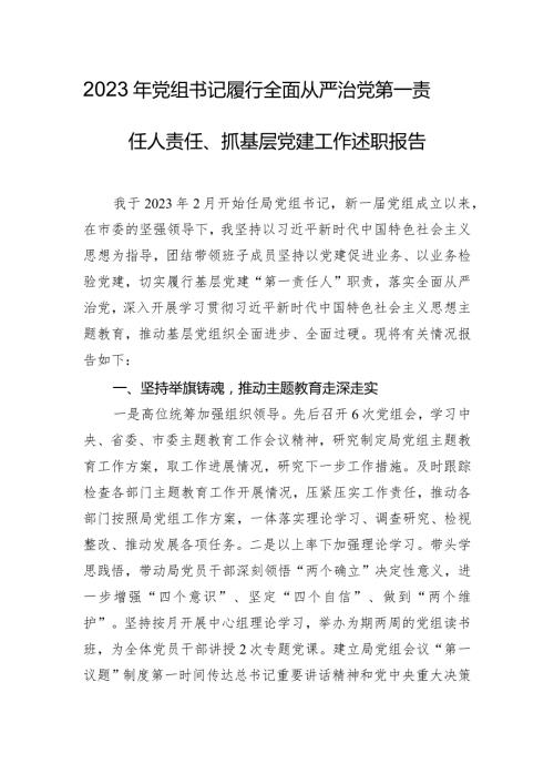 2023年党组书记履行全面从严治党第一责任人责任、抓基层党建工作述职报告.docx