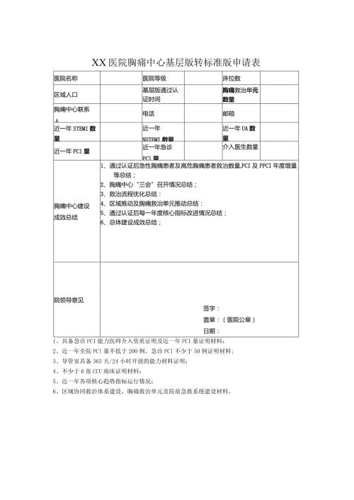 XX医院胸痛中心基层版转标准版申请表.docx