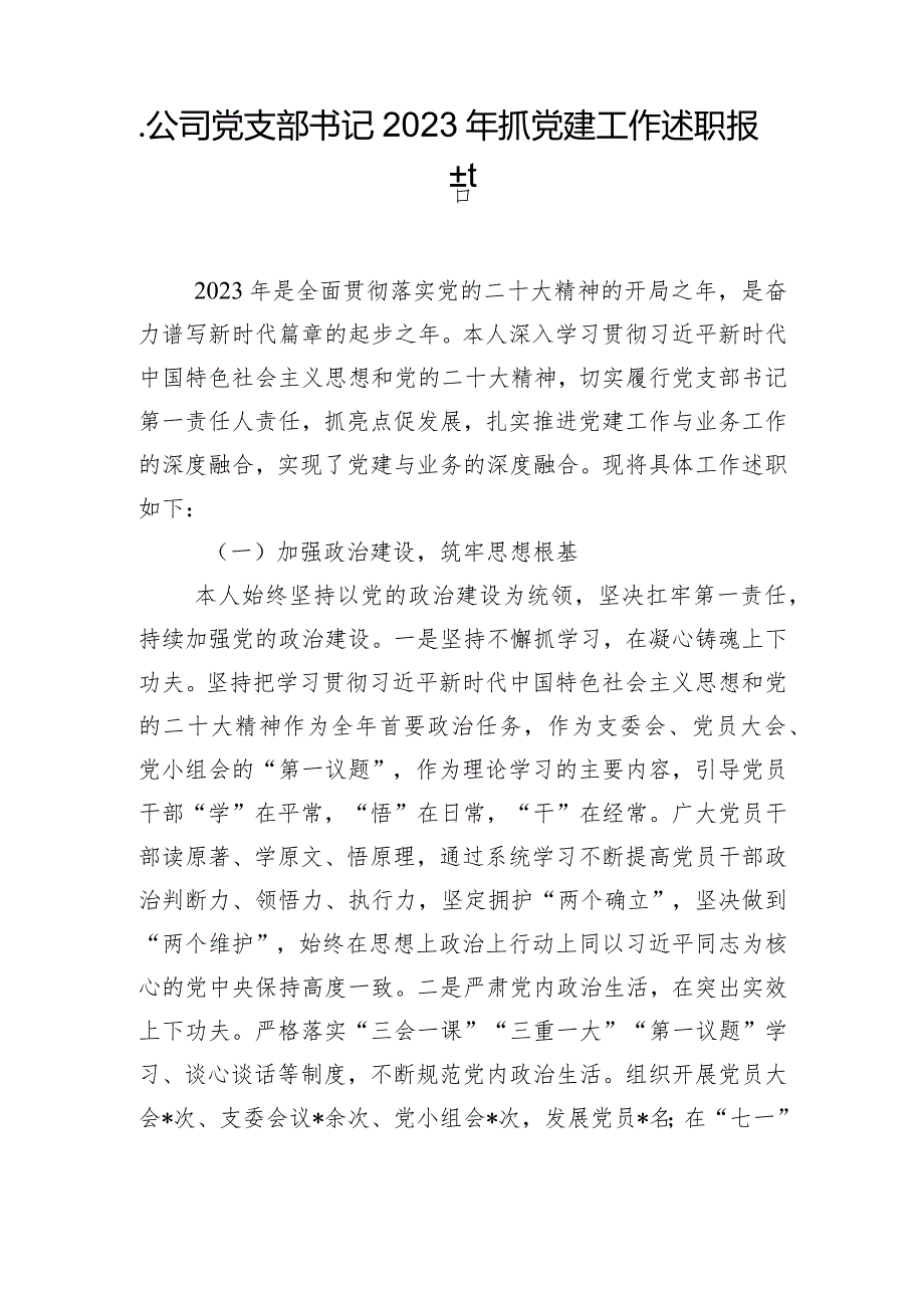 .公司党支部书记2023年抓党建工作述职报告_第1页