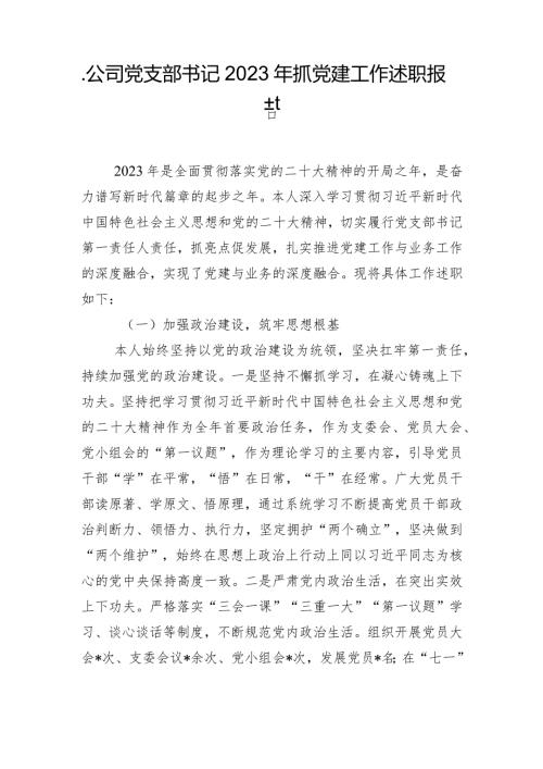 .公司党支部书记2023年抓党建工作述职报告