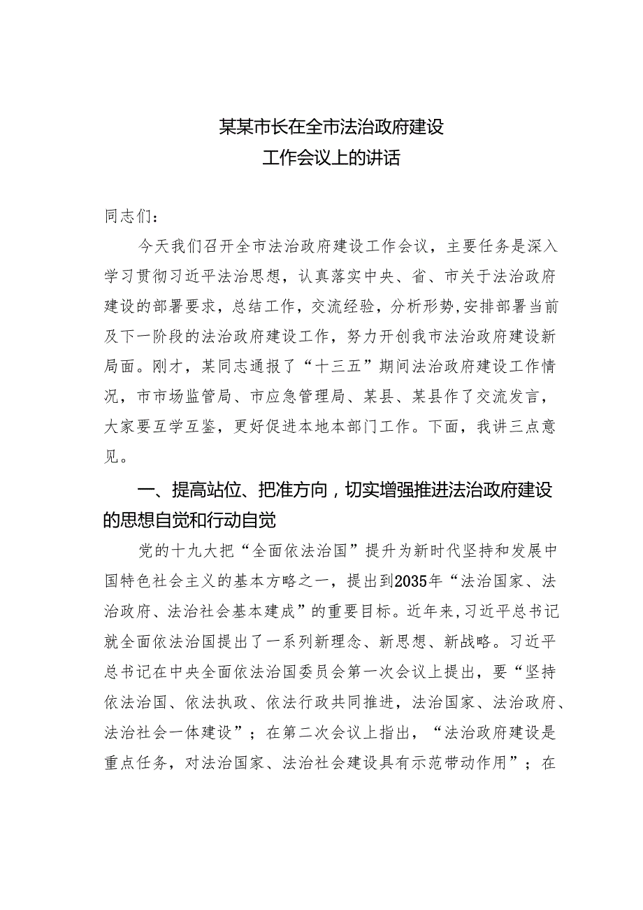 某某市长在全市法治政府建设工作会议上的讲话.docx_第1页