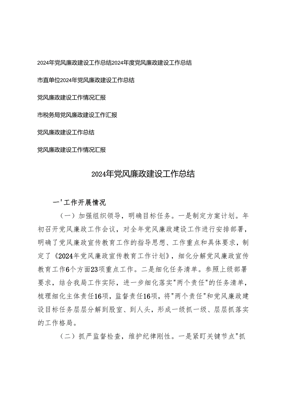 （7篇）2024党风廉政建设工作总结情况汇报.docx_第1页