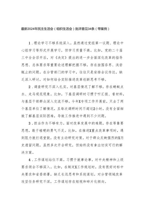2024民主组织生活会批评意见汇编带案例.docx