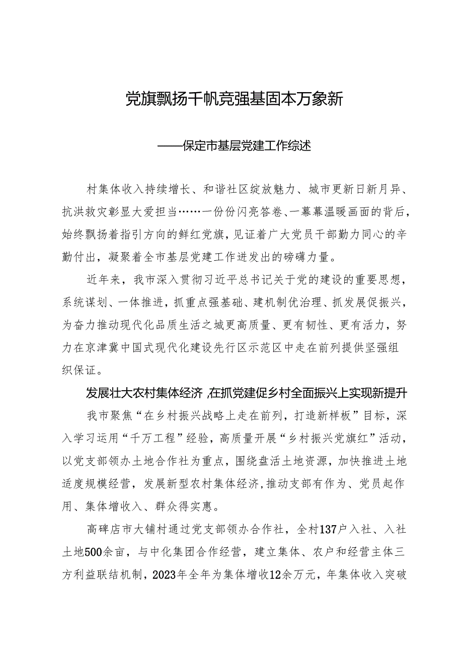 专项工作总结∣基层党建：20240628党旗飘扬千帆竞 强基固本万象新——保定市基层党建工作综述.docx_第1页