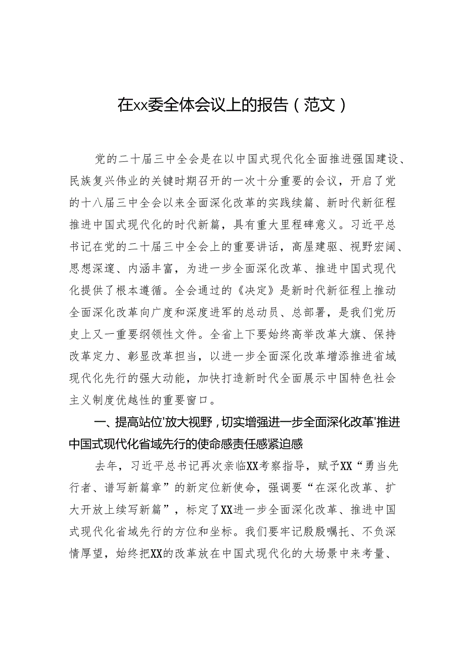 在xx委全体会议上的报告（范文）.docx_第1页