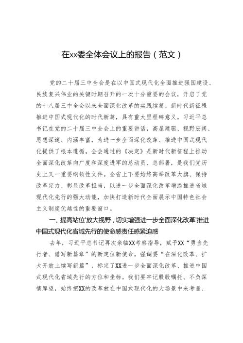 在xx委全体会议上的报告（范文）.docx
