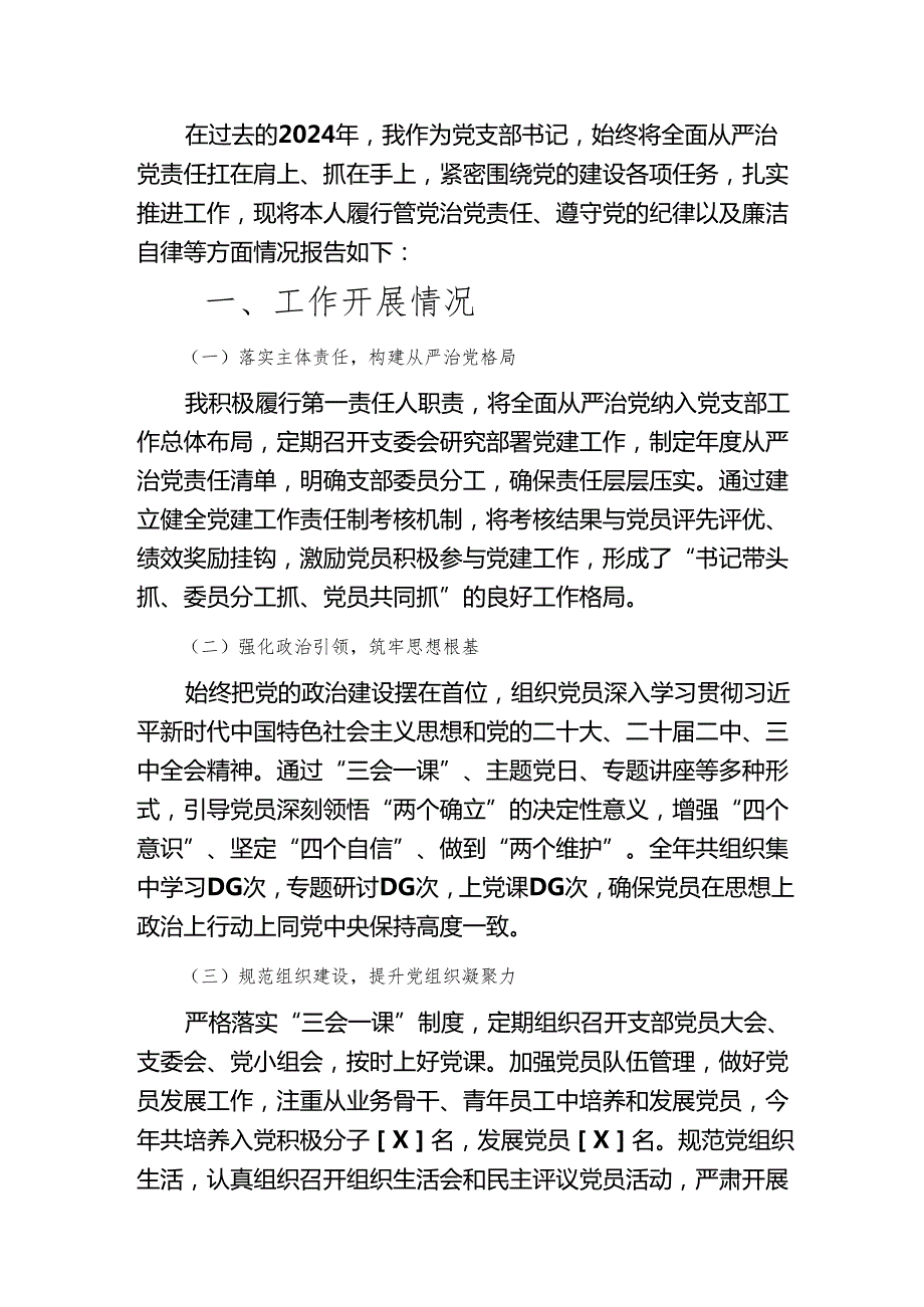 2024党支部书记全面从严治党述责述廉报告（最新版）.docx_第2页