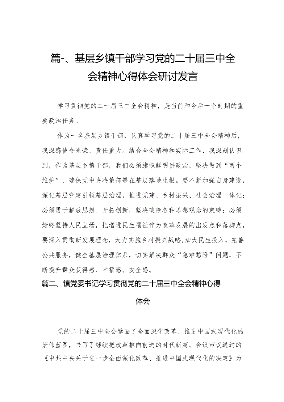 （10篇）基层乡镇干部学习党的二十三中全会精神心得体会研讨发言范文.docx_第2页
