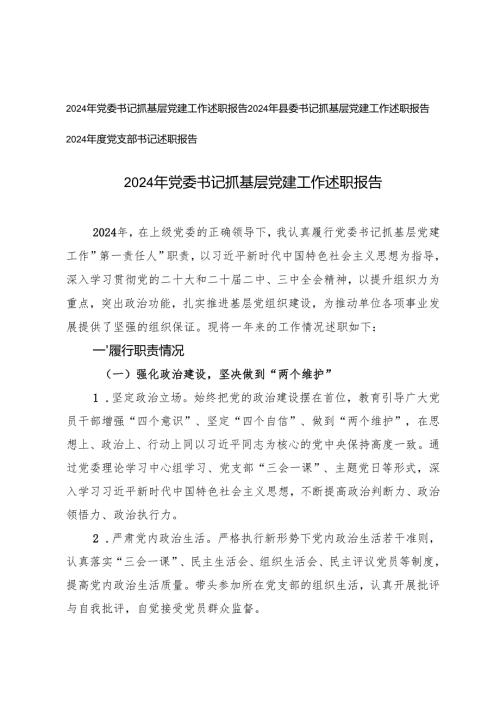 2024年党支部书记、县委书记、党委书记抓基层党建工作述职报告(1).docx